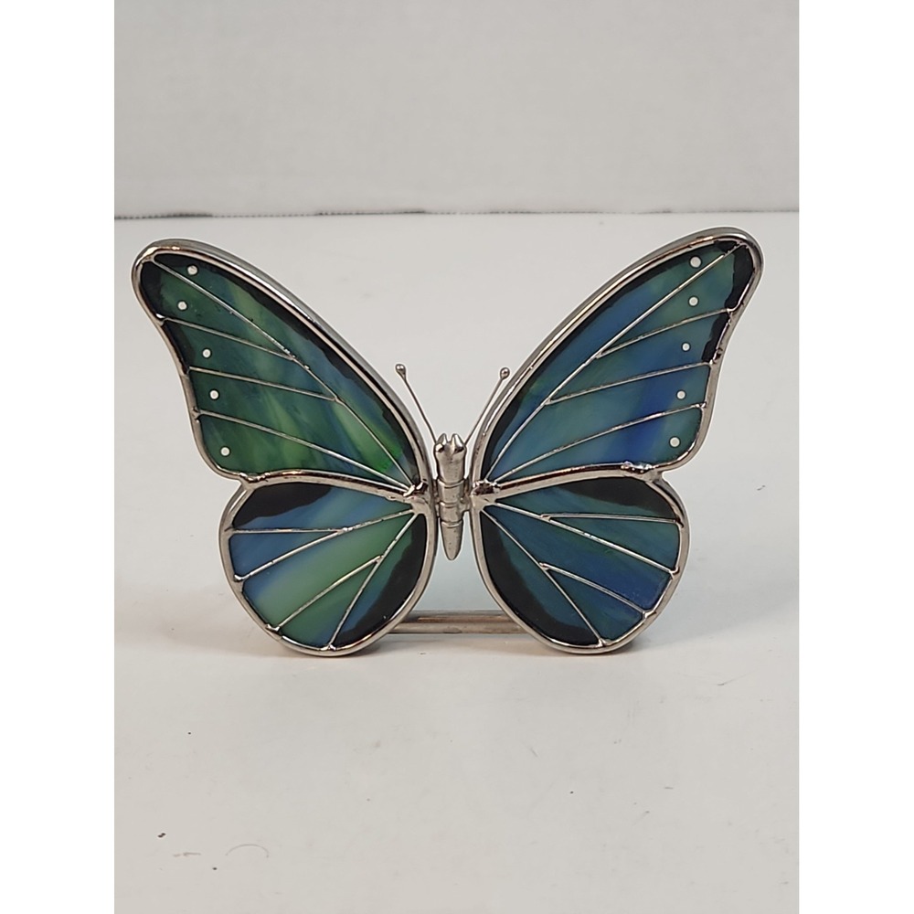 VTG Stained Glass Butterfly Tealight Votive Candle Holder Suncatcher Blue Green